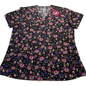 Divine Stretch Halloween Scrub‎ Top Womens Large Candy Vampire Bats NWT